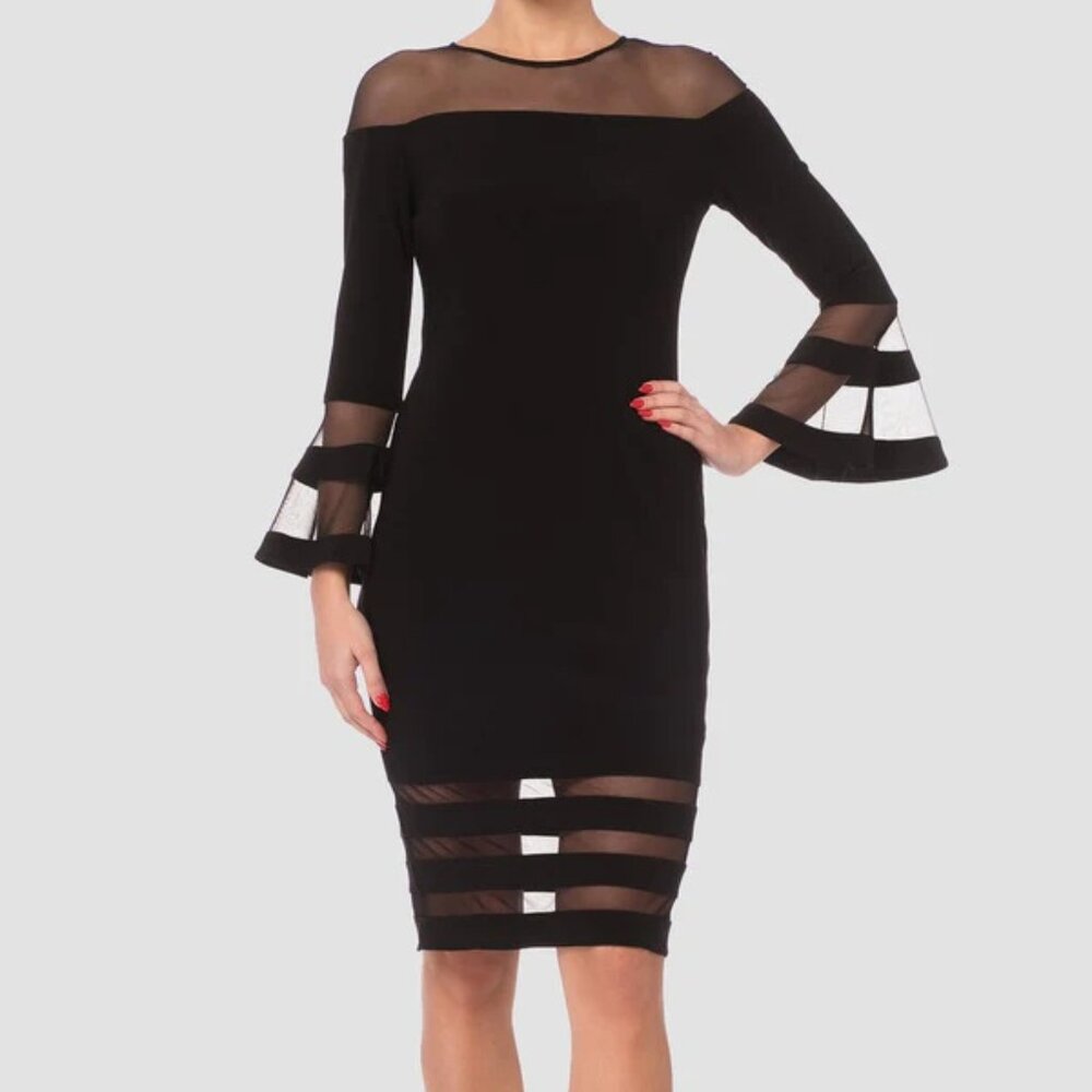 Joseph Ribkoff‎ Sheath Dress Size 8 Black Sheer Accents Long Bell Sleeve LBD